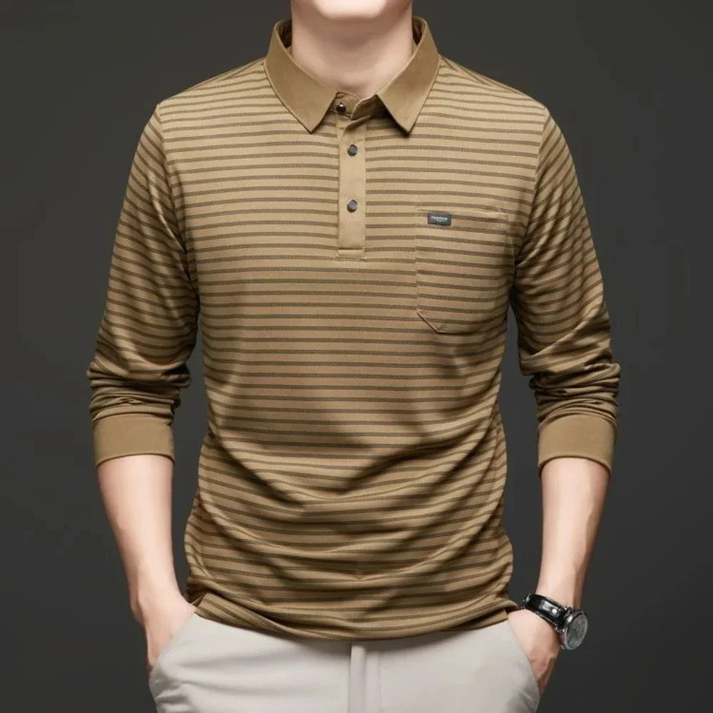 2025 New Mens Casual Tee Long Sleeve Sweatershirt  Pullover Lapel Polo Pocket Tops