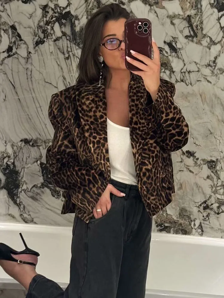 TRAF 2024 Autumn Women Leopard Print Velvet Blazer Skirt Suit Fashion Notched Pockets Cropped Jackets Side Zipper Mini Skirt