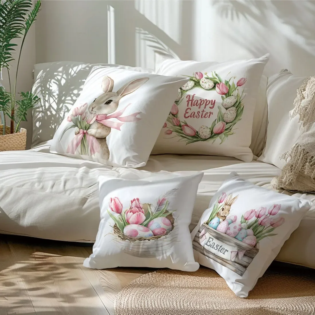 4-Piece Easter Bunny Cushion Cover Set Double-Sided Printed Cushion Covers Sofa, Bench & Patio Cushion Covers Home Decor
