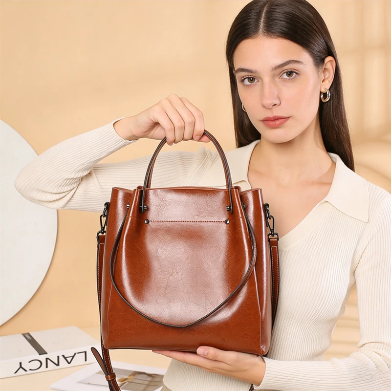 TOPTRENDS Genuine Leather Women Tote Bags Minimalist  Large Capacity Daily Work Handbags Top Handle Shoulder Crossbody Handbags