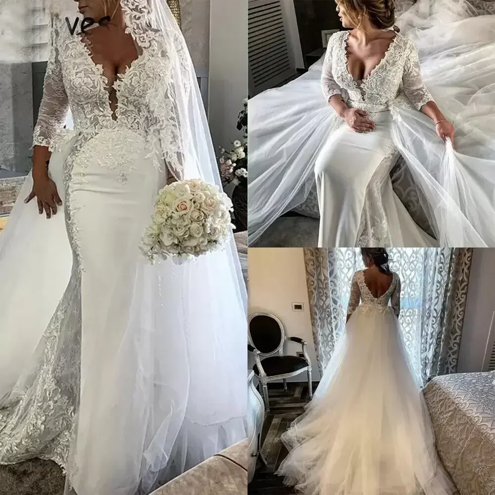 Customized  Deep V Neck Lace Applique Vintage Wedding Dress Robe De Mariage 3/4 Long Sleeves Plus Size Mermaid Bridal Gown