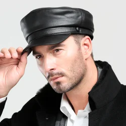 Leather Military Caps For Men Black Casual Flat Caps Army Women Genuine Leather Vintage Autumn Winter Military Hats