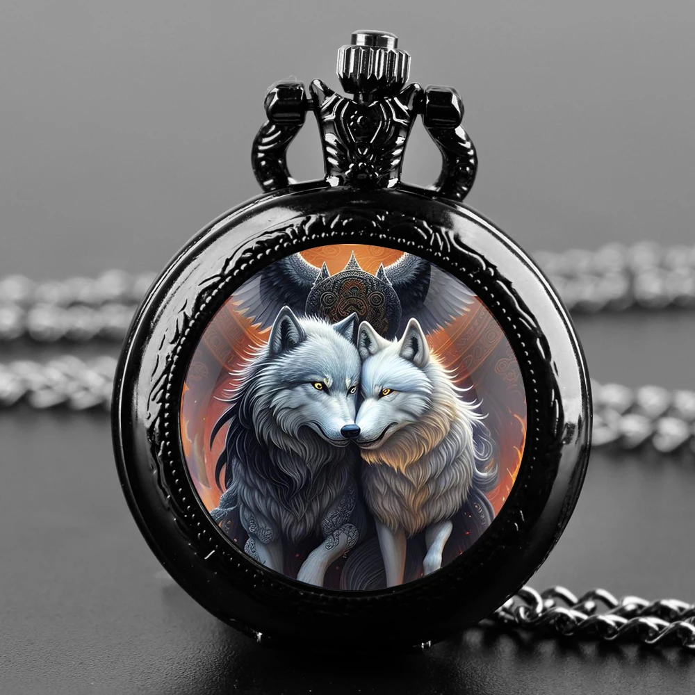 Classic Vintage Two Wolf Eagle Theme Quartz Fob Pocket Watch with Necklace Chain Cool Pendant Clock Gift for Women Men