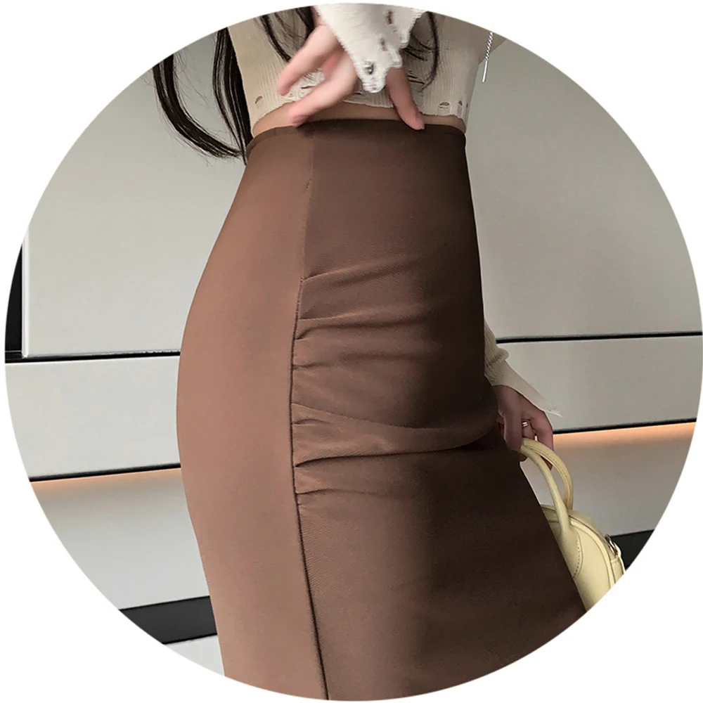 Elegant Long Mermaid Skirts Women Chic Folds Stretch Wrap Hips Black Coffee Casual Skirts Korean Style Office Lady Slim Skirts