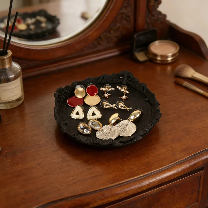 Baroque Gothic Carved Jewelry Tray, Ornate Vintage Decorative Organizer for Home Desktop Vanity Table Dresser Room Decoration