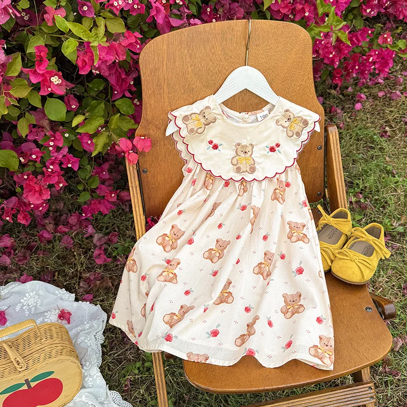 

Baby Collar Retro Teddy Bear Embroidered Girls' Dress 2026 Summer New Style Sleeveless French Baby Dress Wholesale