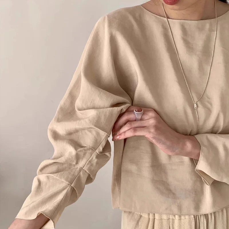 Linen Silk Blend Round Neck Loose Top, Pleated Sleeve Pullover, Front Short, Back Long for Women, LUXURY, 2024