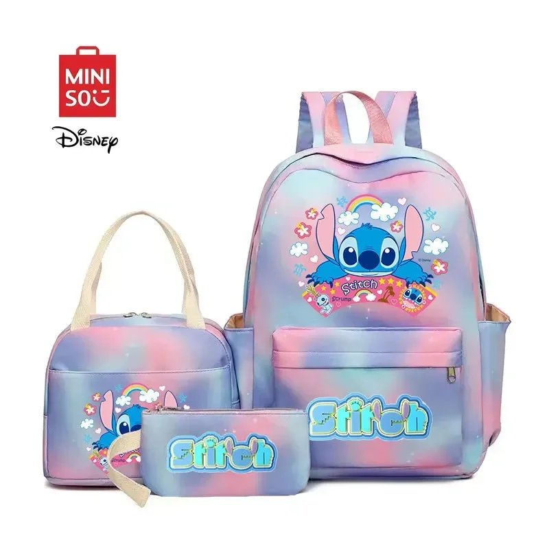 MINISO Disney New Stitch Cute Cartoon Backpack & Shoulder Bag Wite Pencil Case Set Waterproof Large Capacity Students SchoolBag