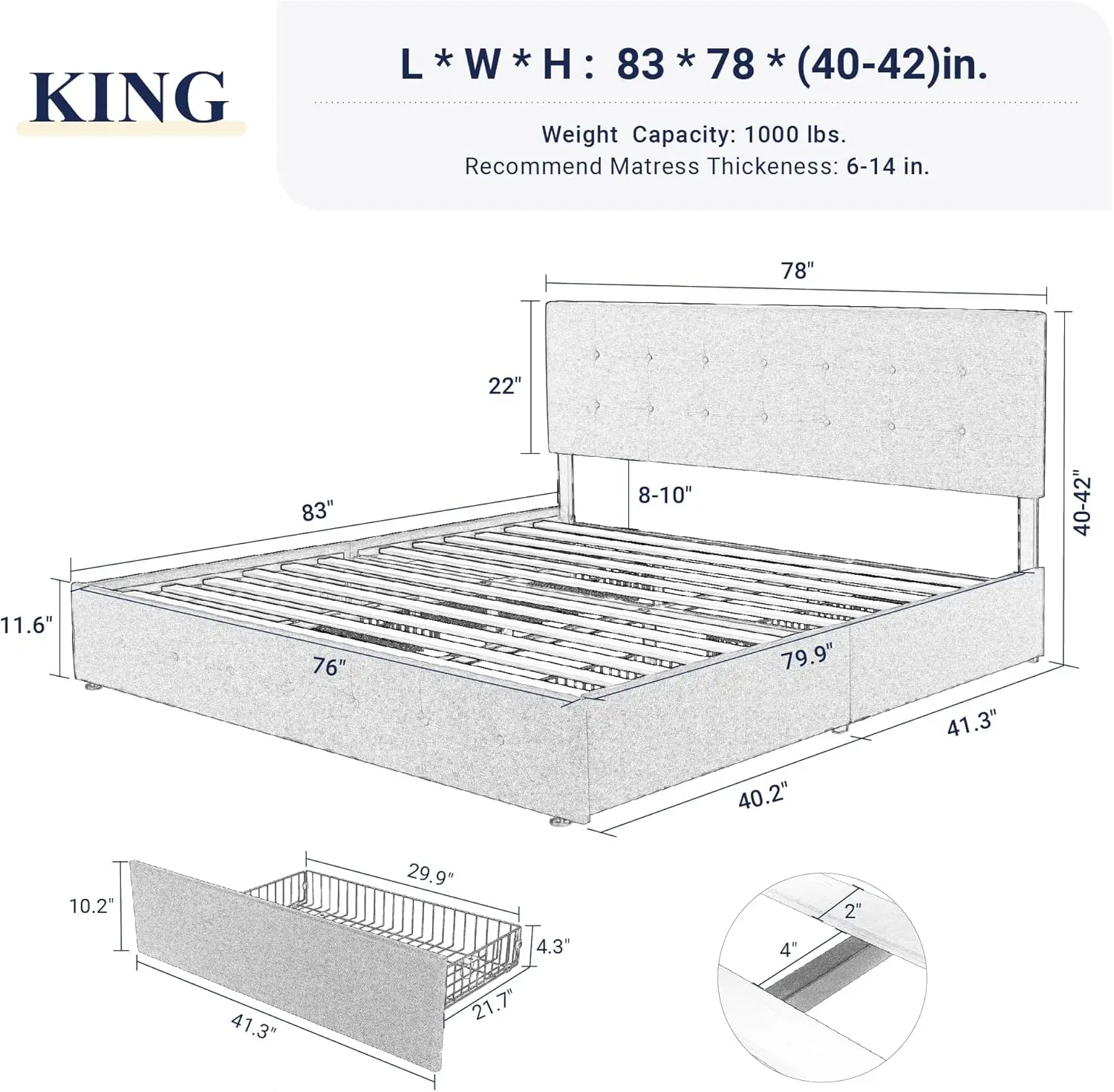 Upholstered King Size Platform Bed Frame with 4 Storage Drawers and Headboard,Square Stitched Button Tufted, Mattress Foundation