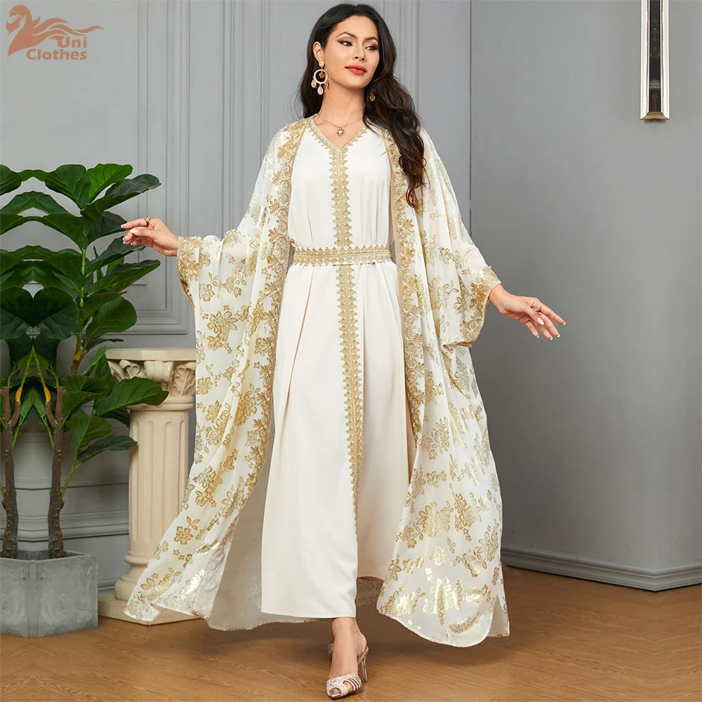 Eid Muslim Party Dress for Women Abaya with Inner Dress 2 Piece Set Jalabiya Ramadan Abayas Robe Caftan Vestidos Largos 2024