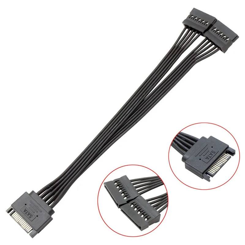 ATX SATA 15pin Male To 2 Port Female Splitter HDD SSD Cable Hard Drive Power Supply Cord 3.3V 5V 12V 5-Wire