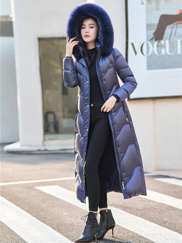 Luxury Natural Fox Fur Hooded Down Jacket Winter White Duck Down Thicken Warm Drawstring Slim Coats Women Long Puffer Outerwear