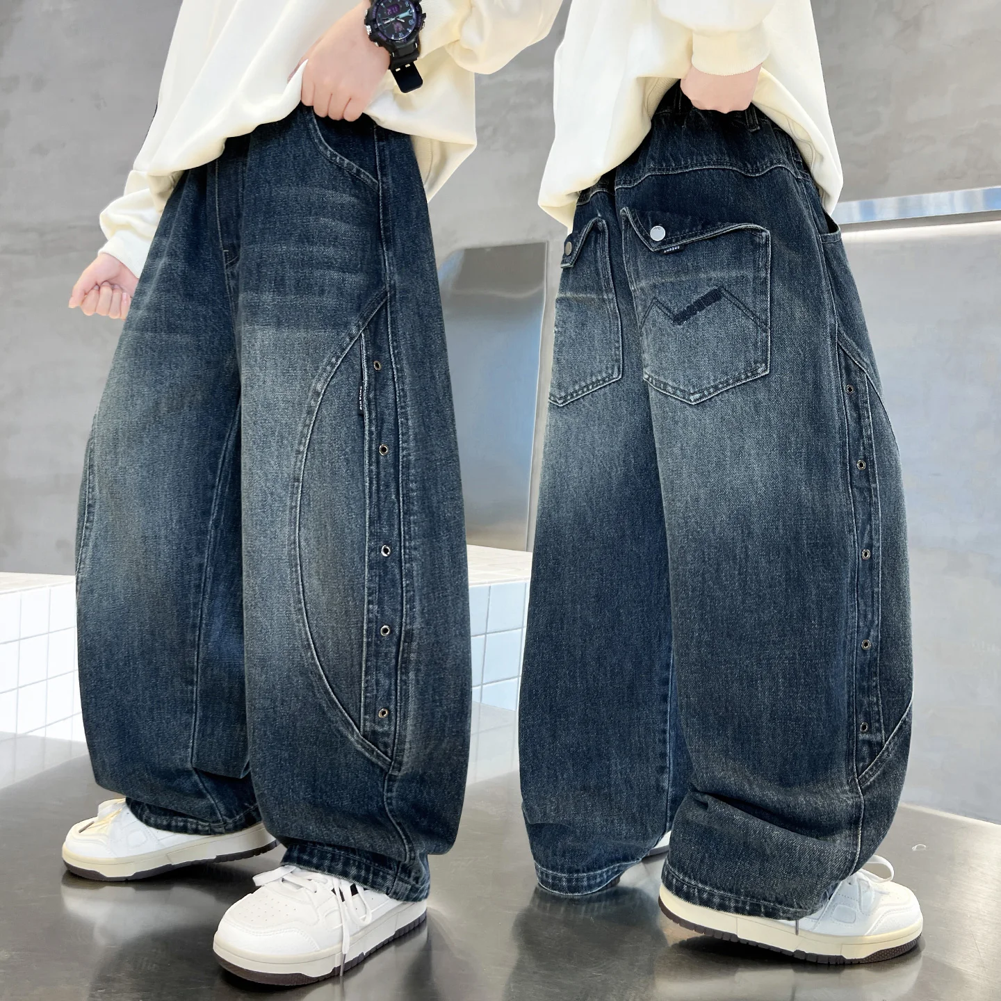 Autumn Children Boys Jeans 2026 Teens Handsome Boys Denim Pants Ins Loose Elastic Waist 4-16Yrs Kids Boys Wide Leg Pants
