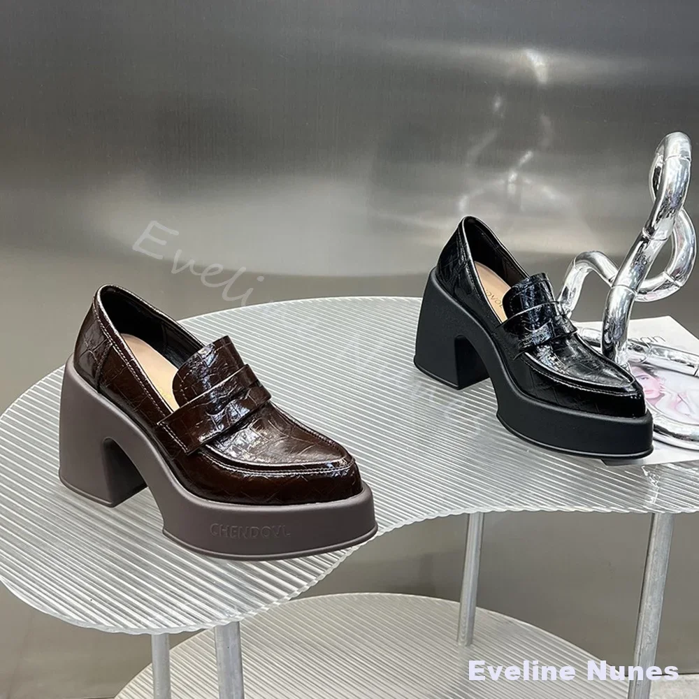 

Platform Chunky Heel Leather Loafers Women Pointed Toe Solid Slip On Comfortable Height-increasing Shoes 2025 New Casual Shoes