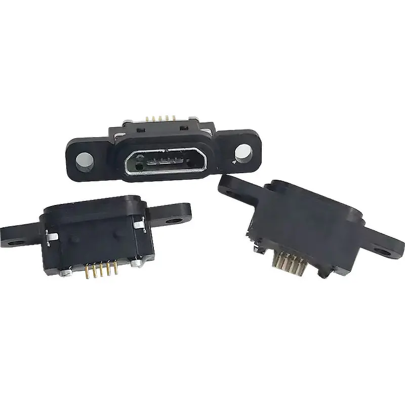 2 قطعة مايكرو USB 5pin شحن مقبس متفرع حوض ميناء 5P IP67 موصل سالب مقاوم للماء مع ثقب المسمار