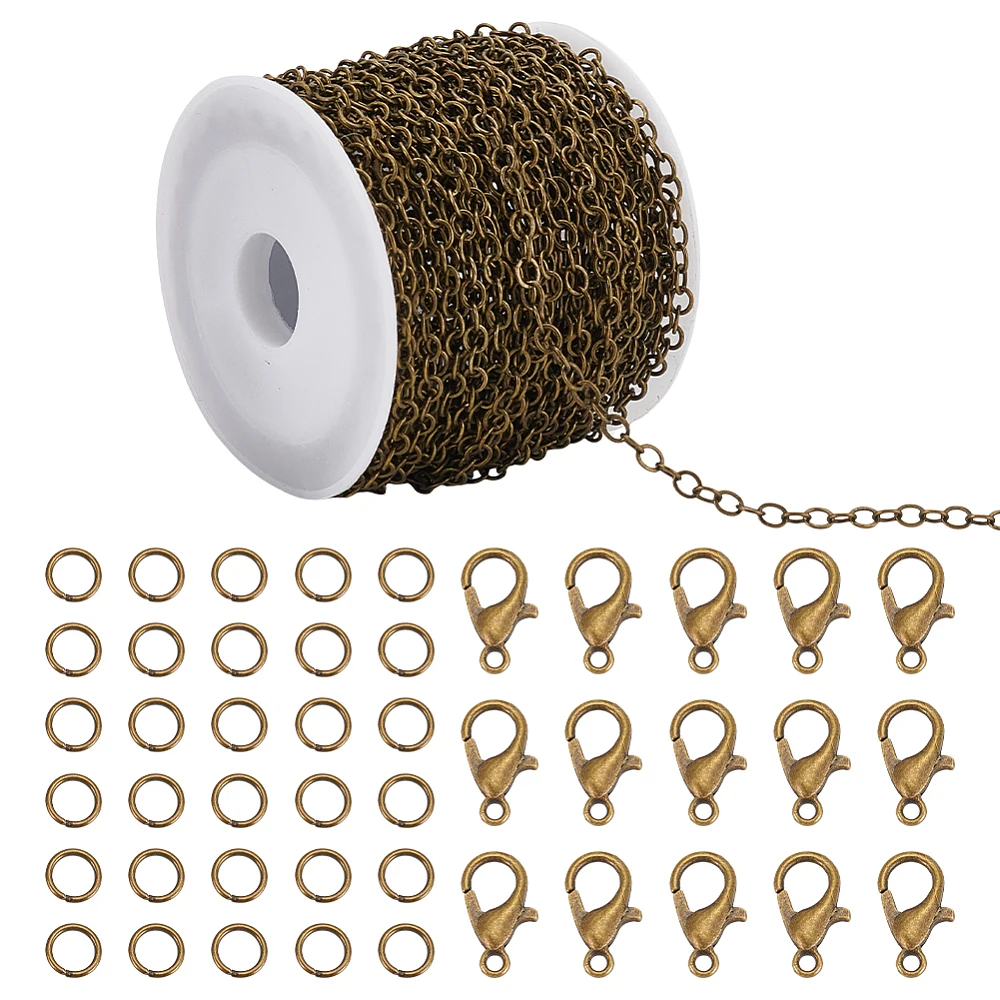 33 Feet Bronze Curb Cable Chain Link Necklace Soldered Necklace Chain with 40Pcs Lobster Claw Clasps and 120Pcs Jump Rings Metal