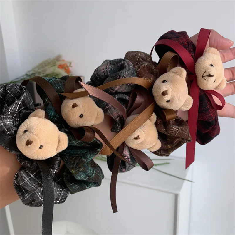 New Design Cute Plaid Fleece Hair Circle Bear Button Elastic Colon Hair Bands Circle Hair Ties Girl Clip Accessories For Women