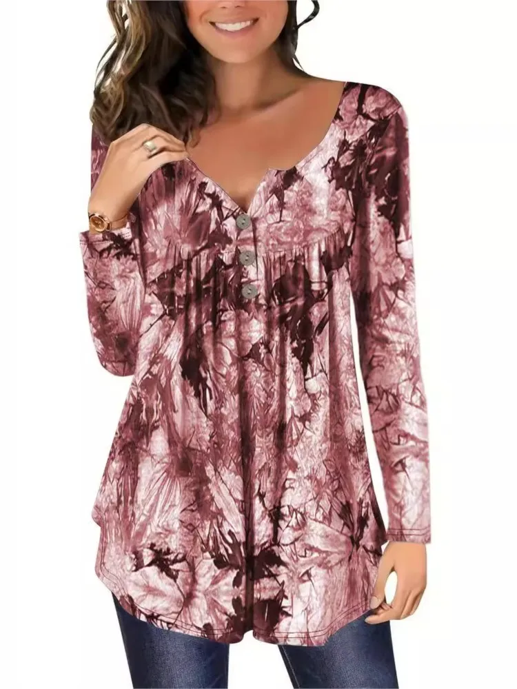 Women's Autumn Casual V-neck Top Fashionable Printed Tie-dye And Smudge Button Long Sleeves Top 2025 Women's Loose Commuter Wear