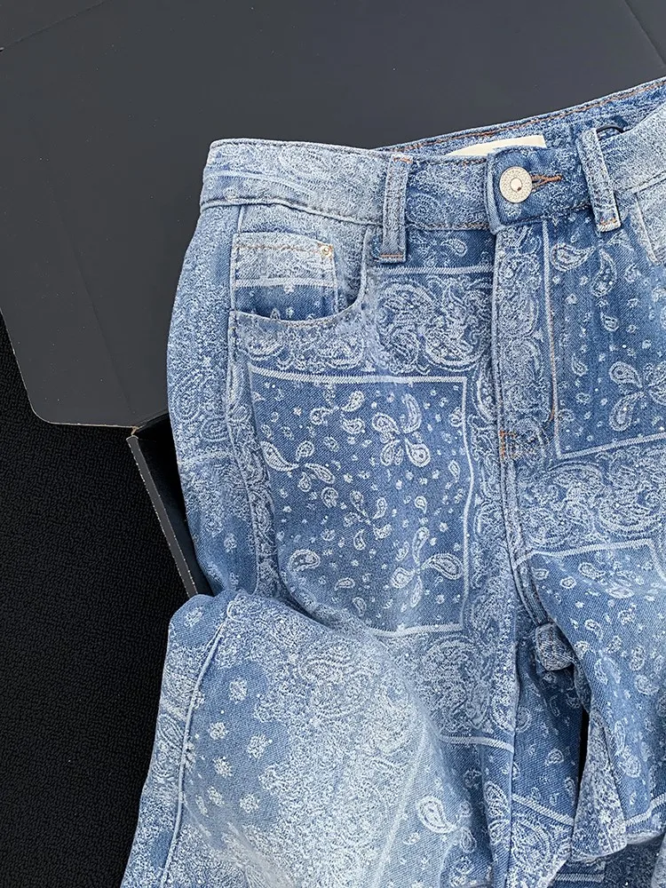 خمر المرأة تنوعا عالية الخصر الأزرق المطبوعة واسعة الساق الدنيم السراويل مكتب السيدات عادية شارع العليا فضفاضة تناسب مستقيم الجينز