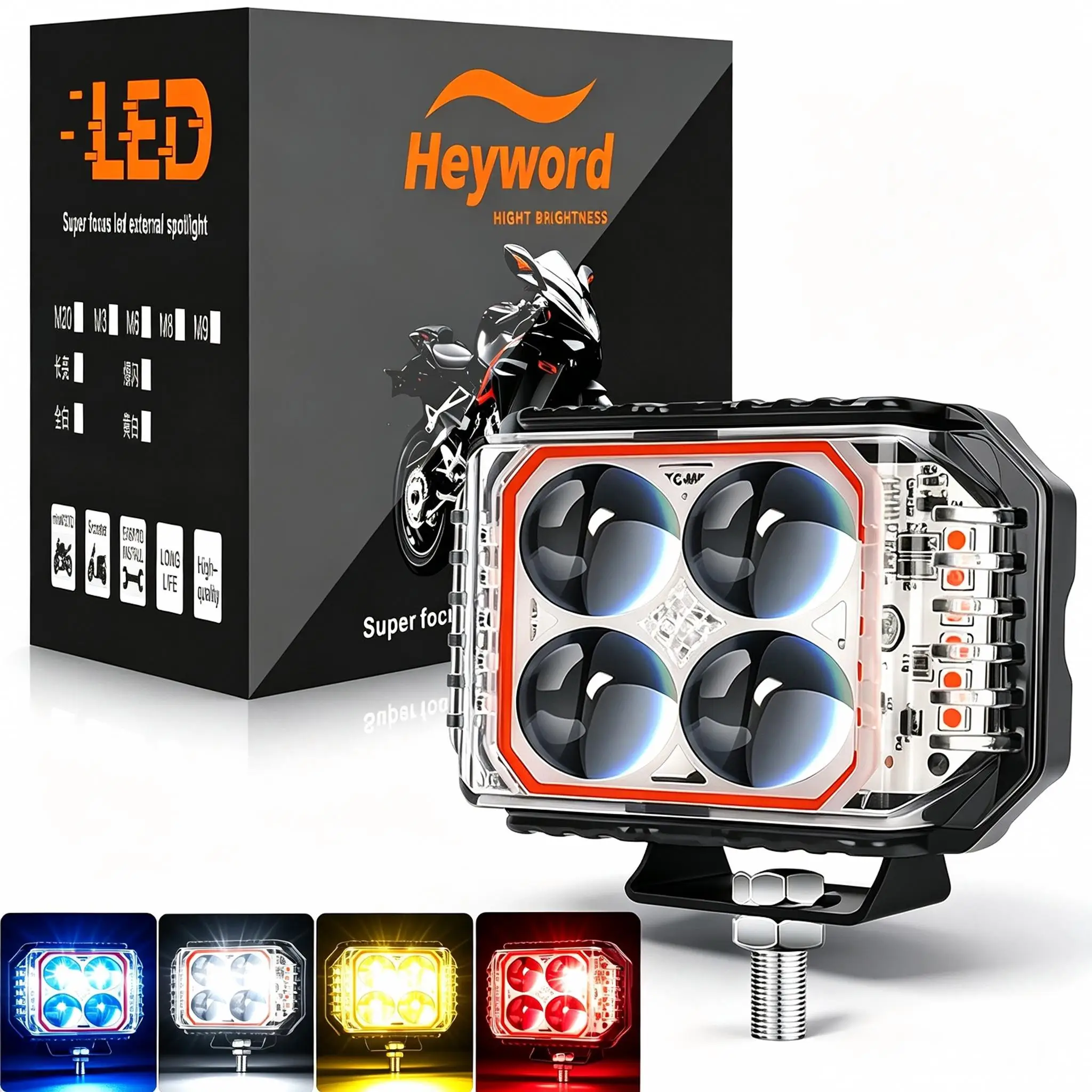 Heyword White Yellow Red Blue Motorcycle LED Headlight Tri Sided Clover Shape Dual Beam IP67 Waterproof Auxiliary Light