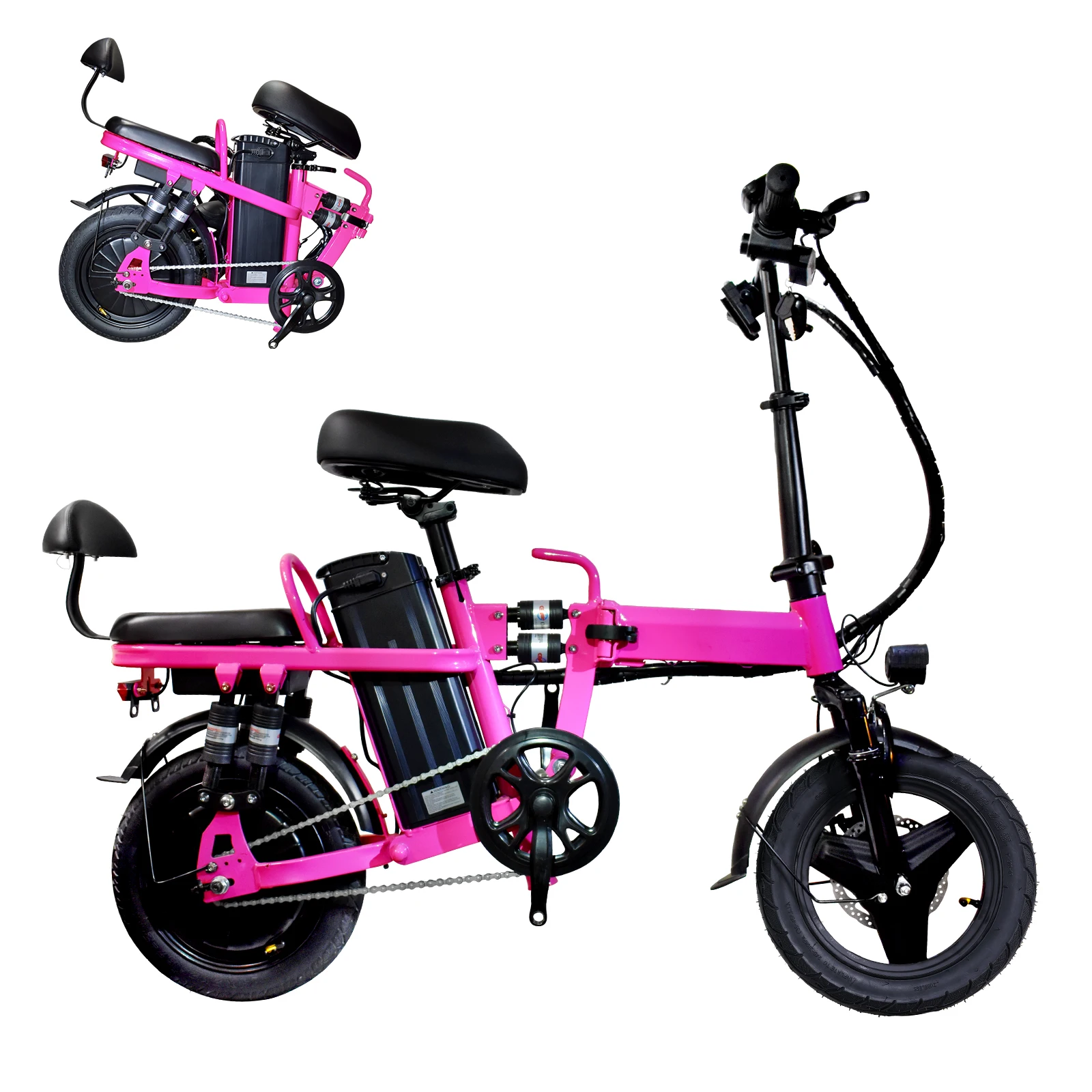 14-Zoll Mini Klapp-E-Bike 25 MPH Große Reichweite 30-50 Meilen 2-Sitzer mit Vorderkorb Tretunterstütztes Elektrofahrrad