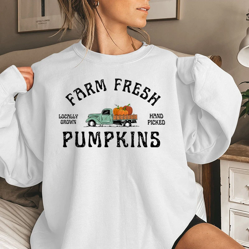 Fashion Fall Pumpkin Sweatshirt Farm Fresh Pumpkins Sweatshirts For Women Autumn Winter Crew Neck Pullovers Ladies Casual Tops