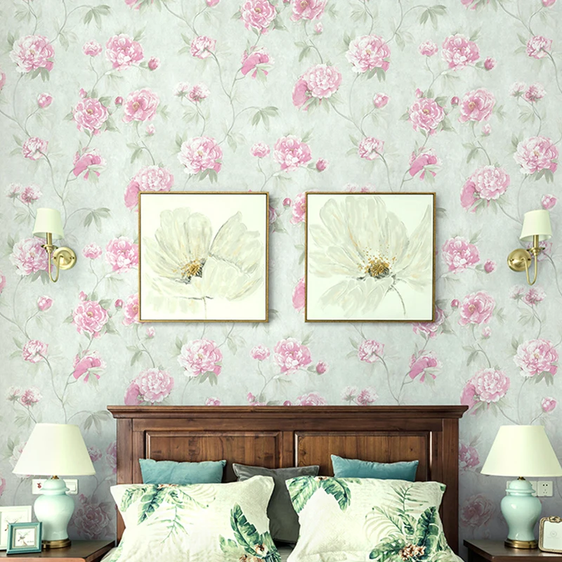 

American Country Retro Wallpaper Pink Floral Green Leaves Pastoral Wallpaper Flower Bedroom Living Room Tv Background Wall Paper