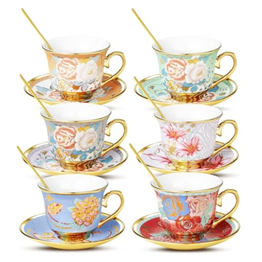 

Tea Cups and Saucers, Tea Cup Set of, OZ Floral Cups Porcelain Cup Set for Cappuccino, Coffee, Afternoon Tea Birthday Party Sup
