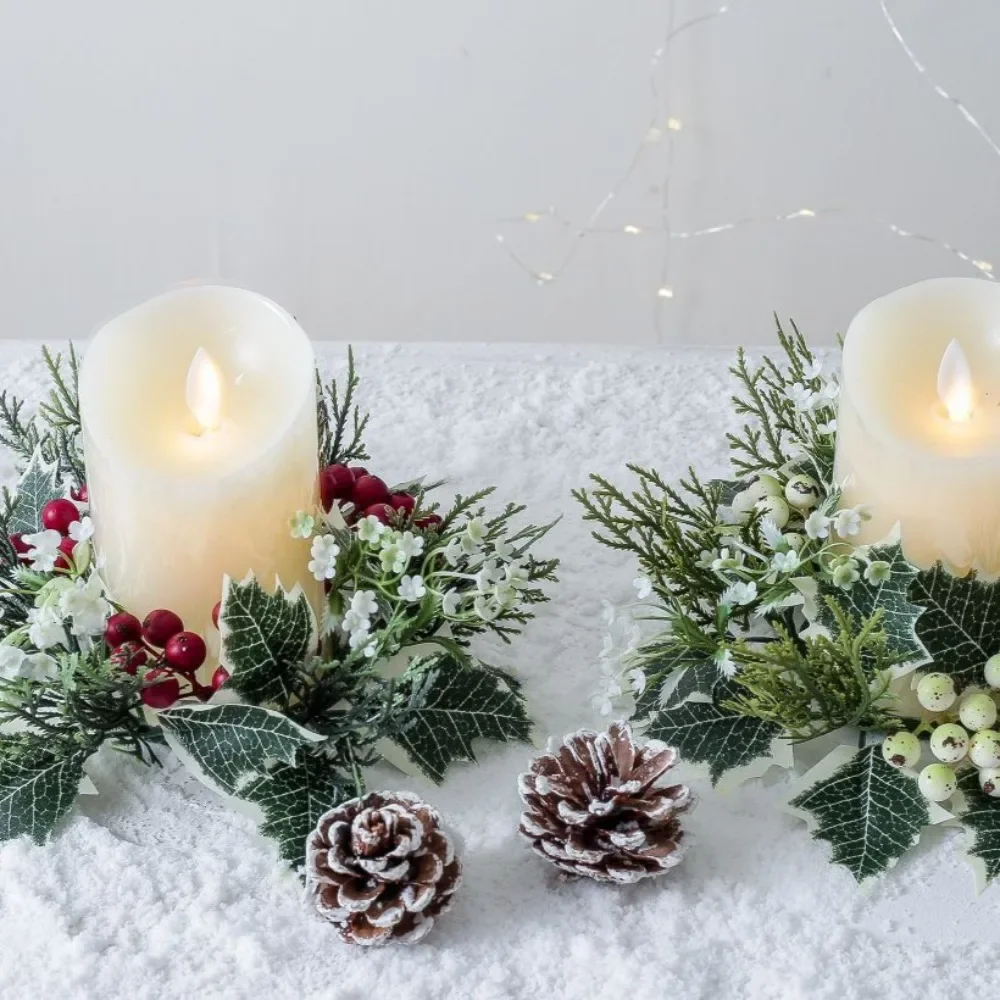 Christmas Candlestick Wreath Artificial Berry Garland Candle Holder Xmas Decoration For Home 2024 Fake Leaves Wreath For Candle