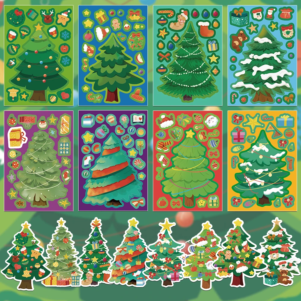 8 pçs dos desenhos animados árvore de natal montagem adesivos decoração arco presentes cinco pontas estrela bola bonecas festival de natal presente adesivo
