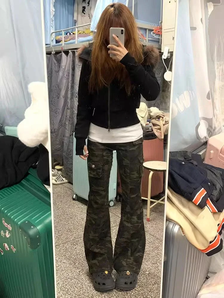 

Американский дизайн, камуфляжная широкая рабочая одежда большого размера, джинсы, женские длинные брюки с высокой талией, дра брюки длиной до пола