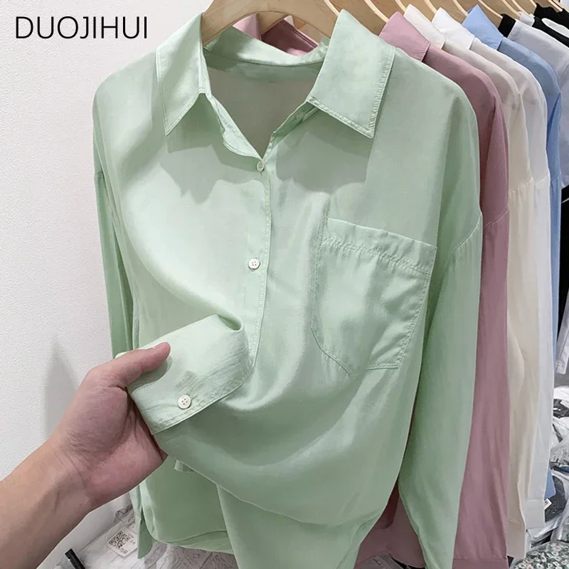 

DUOJIHUI Green Summer Chic Pocket Loose Simple Female Shirt Korean New Casual Basic Long Sleeve Solid Color Fashion Women Shirt