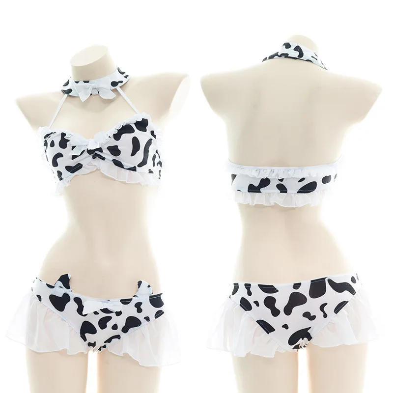 Sexy Cow Cosplay Swimsuit Women Bodysuit Bikini Maid Unifrom Costume Summer Beach Kawaii Girl Swimwear Skirt Uniform Set