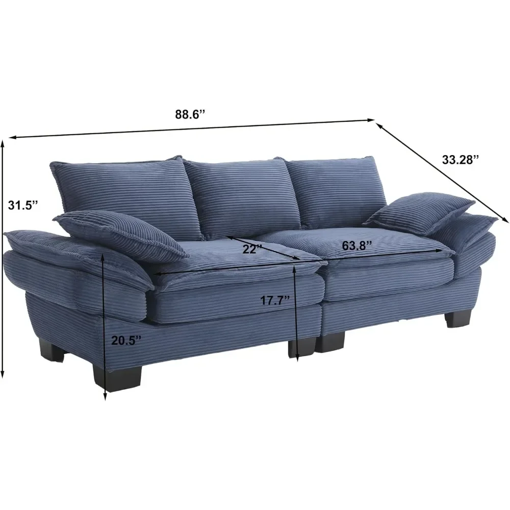 Sofa, Comfy Corduroy 3 Seat Sofa with Deep Seat & Wider Armrest 88.6” Upholstered Modern Sailboat Couches for Living Room