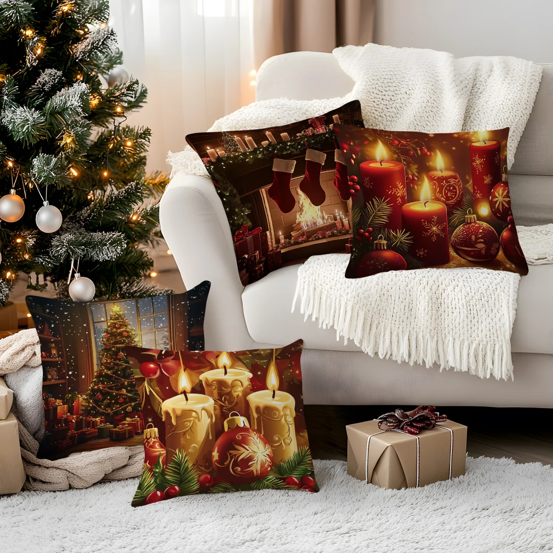 

Christmas Tree Candles Pillowcase Printed Polyester 40/45/50cm Throw Pillowcover Decorative Sofa Cushion Pillowslip Home Decor