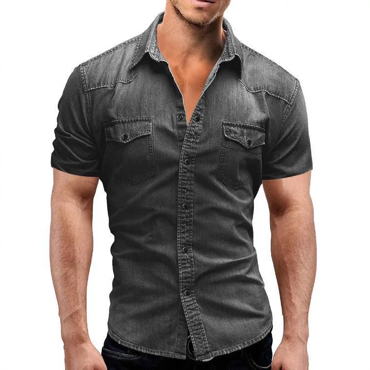 2025 summer new solid color men's denim short sleeved shirt casual plus size