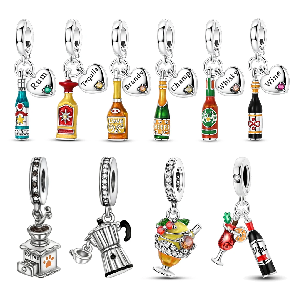 Bottle Series 925 Sterling Silver Red Wine Bottle Teacup Coffee Machine Ice Cream Cup Charm Fit DIY Bracelet Necklace Niche Gift