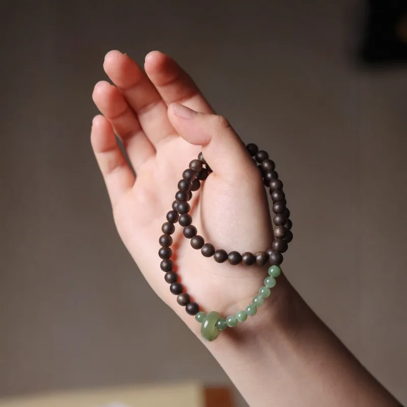 Hetian Jade Agarwood Double Circle Bracelet Unisex Green Beaded Bangle Lucky Year Protection Natural Wood Bead Charm Gifts