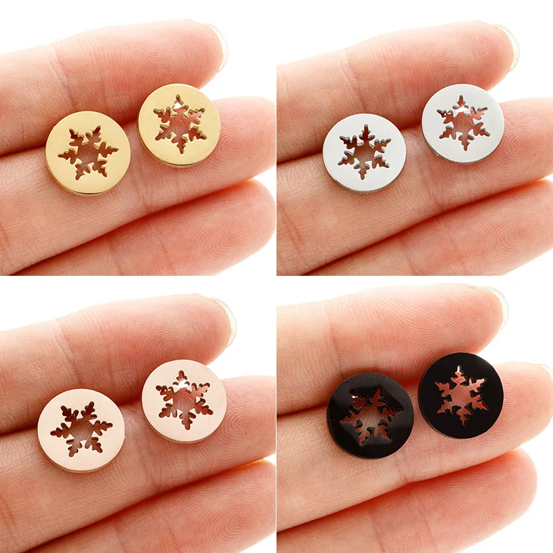 2025 winter Christmas new stainless steel snowflake stud earrings ins geometric round simple earrings light luxury jewelry