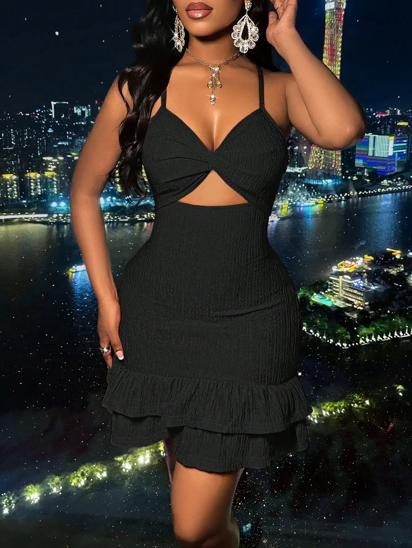 BWQ レディース セクシー 無地 おしゃれ テクスチャ ツイストフロント クロスストラップ ダブルラッフルヘム ホルターネック ミニ ボディコンワンピース