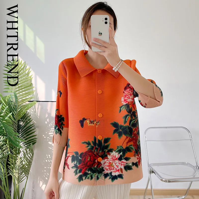 

WHTREND Pleated Lapel Buttoned Shirts For Women Printed Flower Chic Shirt Female Elegant Top New WH1195