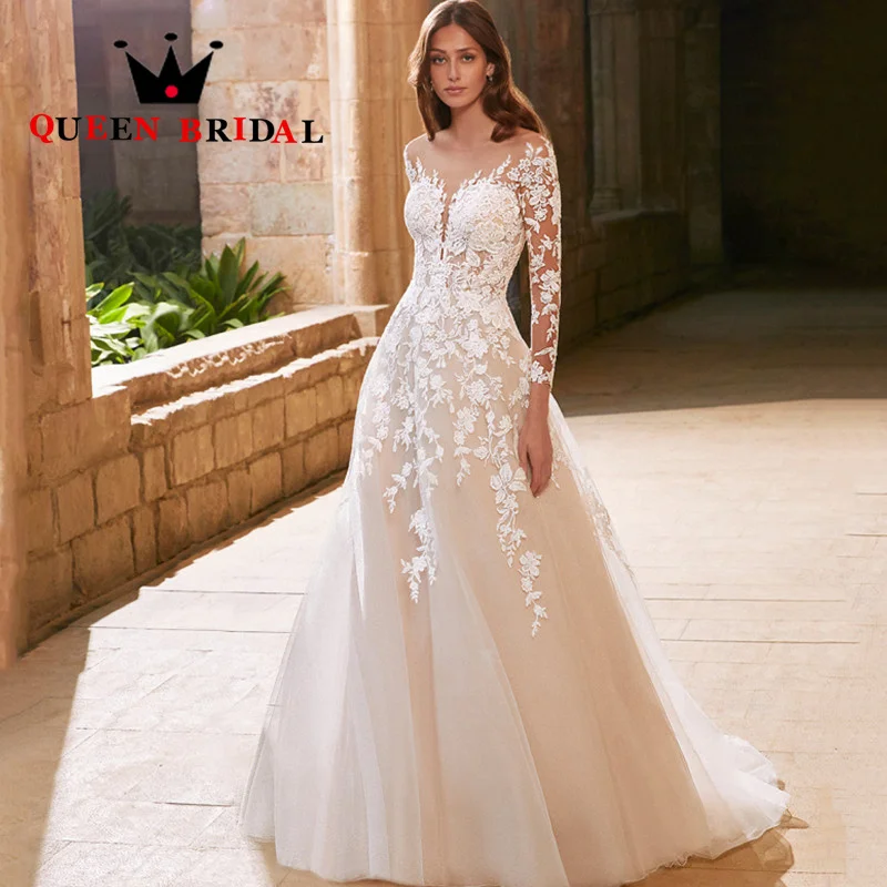 Elegant Long Sleeve Wedding Dress 2024 New Appliques Backless Floor Length A Line Bridal Gowns Vestido De Novia Custom C46E