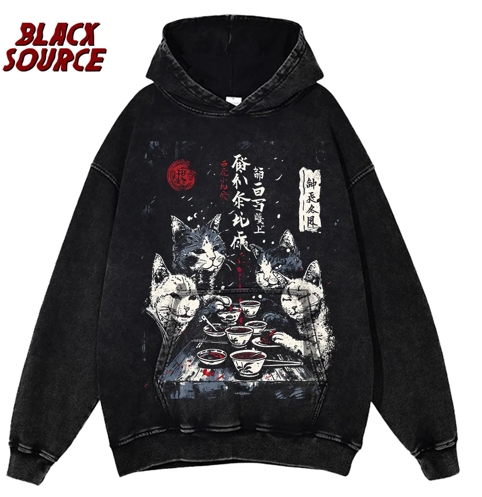 T497 Bai Men's Catman Red Moon Cat Graphic Hoodie, Japanese Streetwear Pullover Sweatshirt, Oversized Casual Urban Fashion