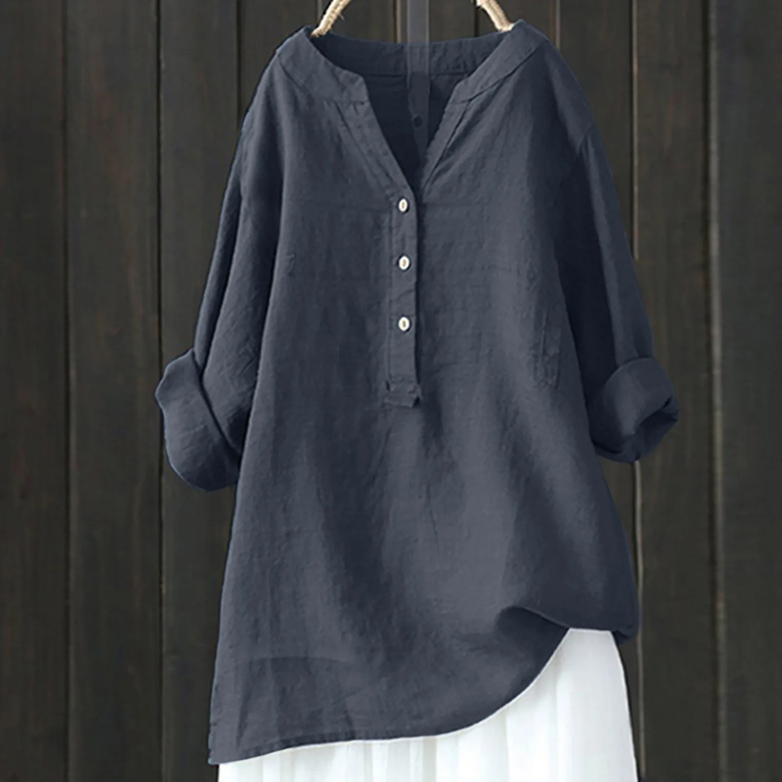 

2024 Summer Long Sleeved Baggy Tunic Shirt Vintage Button Loose Long Sleeved Shirt Solid Color V Neck Casual Fashion Linen Shirt