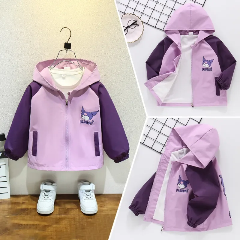 

Anime Sanrio Kuromi Girls Jackets Spring Autumn Teen Kids Cartoon Long Sleeved Hood Casual Windbreaker Coats Children Outerwear