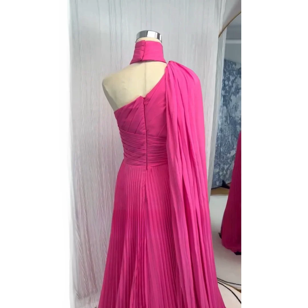 Cathy Fuchsia One Cape Sleeve Vestidos De Noche Pleated Fabric Prom Dress 2023 Sexy Chiffion A-line فساتين السهرة