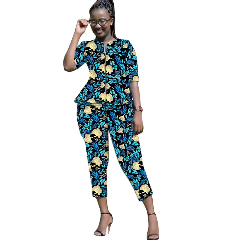 Women Zipper Shirt Patch Cropped Trouser Nigerian Fashion Half Sleeve Tops With Pants Ankara Outfits African Wedding Wear