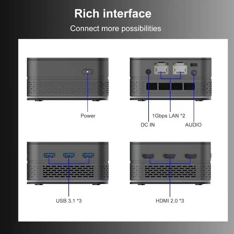 Mini PC T9 Plus Quad Core Windows 11, CPU Intel N95, 16 GB LPDDR, SSD 256/512 GB/1 TB, doppia LAN 1000 M, tre desktop HD