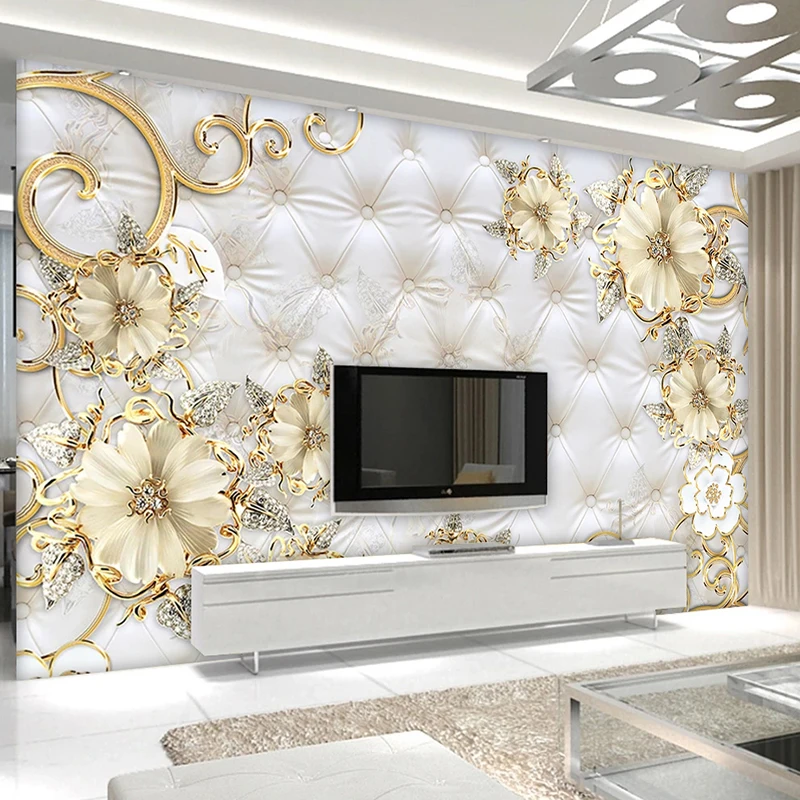 Customized European Jewelry Flower Soft Bag Mural Luxury Living Room Sofa TV Background Imitation Leather Pattern Wallpaper 8d