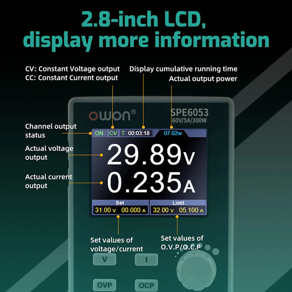 OWON DC Power Supply SPE6103 SPE3103 2.8 inch LCD with 60V/10A  30V/10A USB CC CV Laboratory Voltage Regulator DC Fast Charging